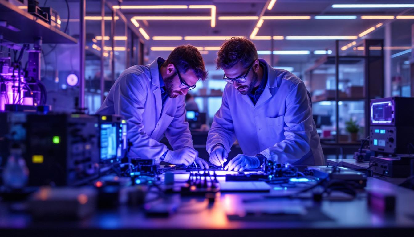 A photograph of a dynamic scene showcasing engineers working with ultraviolet light technology in a modern laboratory setting