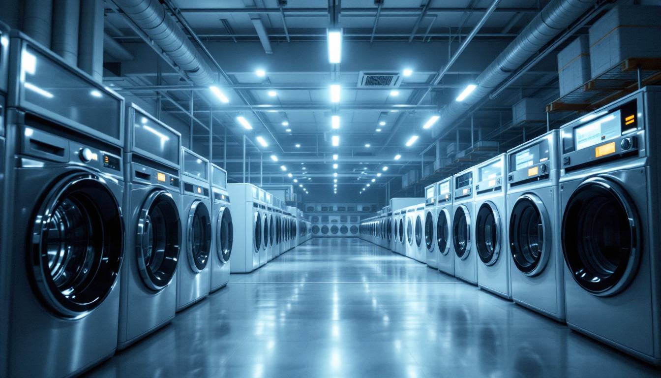 A photograph of a well-organized washer dryer warehouse