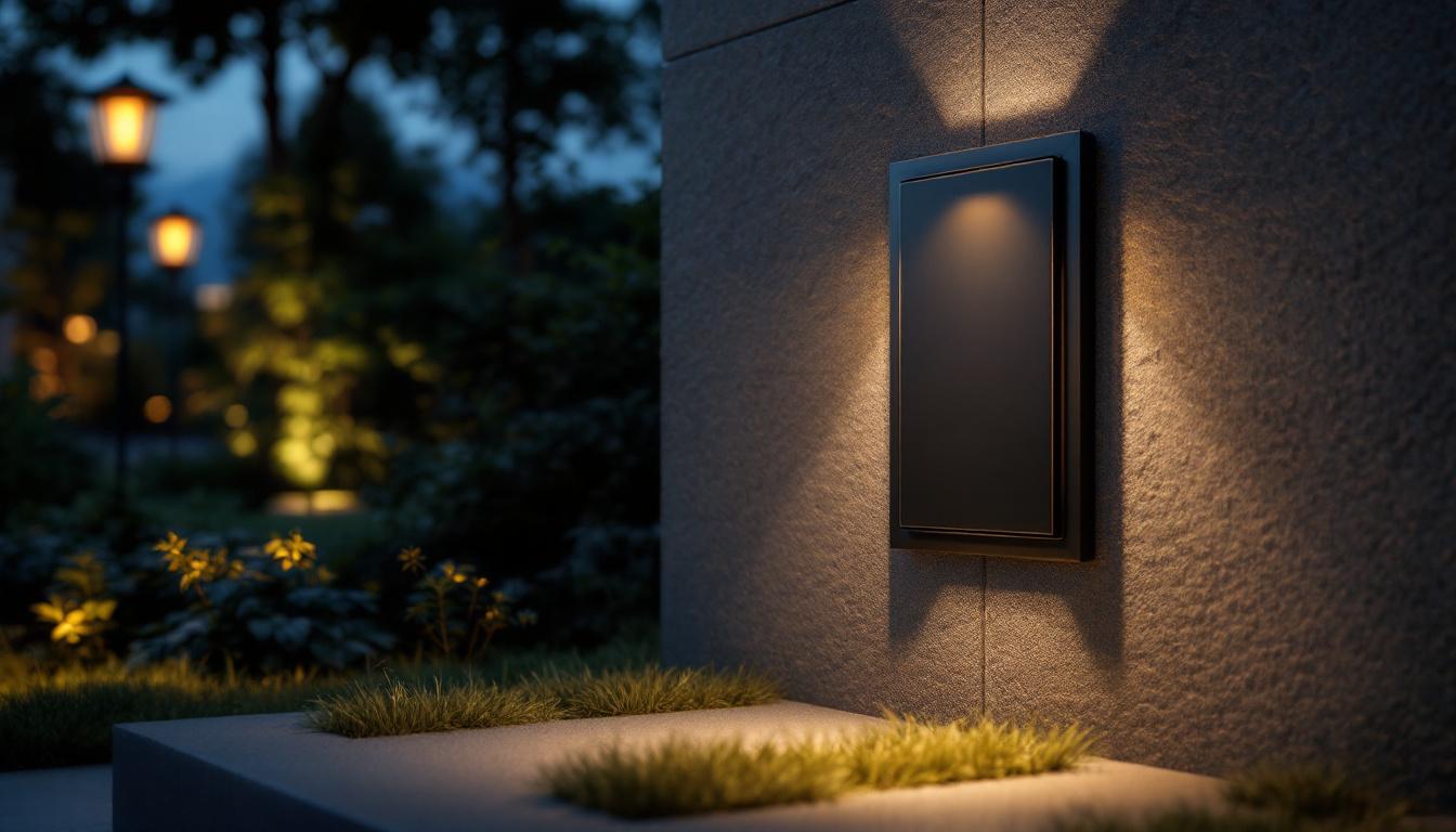 A photograph of a well-designed outdoor electrical cover integrated into a beautifully lit landscape
