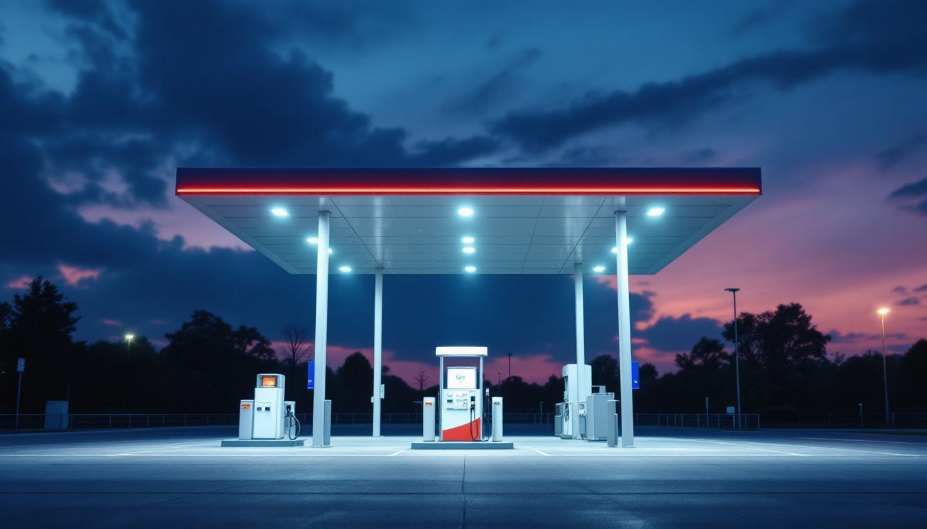 A photograph of a modern gas station illuminated by bright led lights at dusk