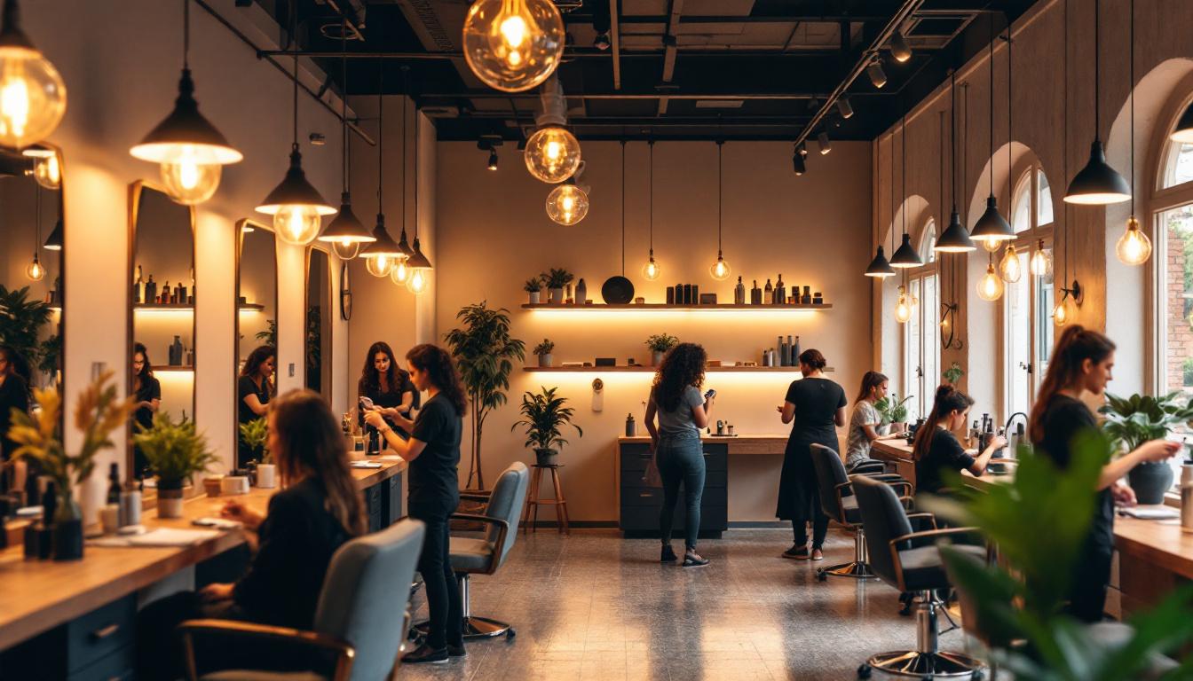 A photograph of a beautifully designed hair salon interior that showcases a variety of lighting fixtures