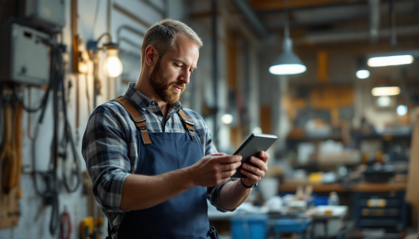 A photograph of an electrical engineer examining a sconce box in a well-lit workshop