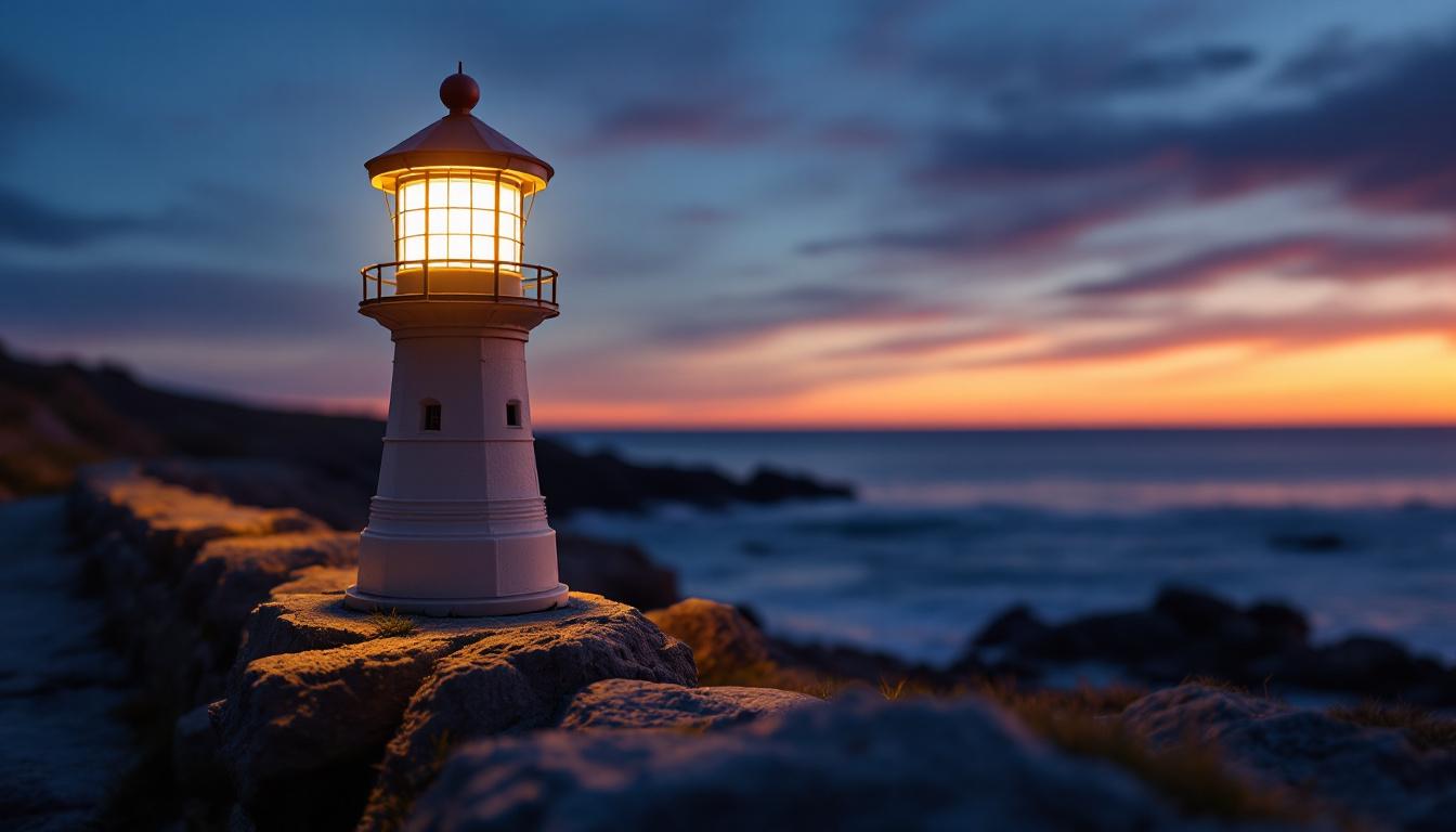 A photograph of a beautifully designed solar lighthouse lamp illuminated at dusk