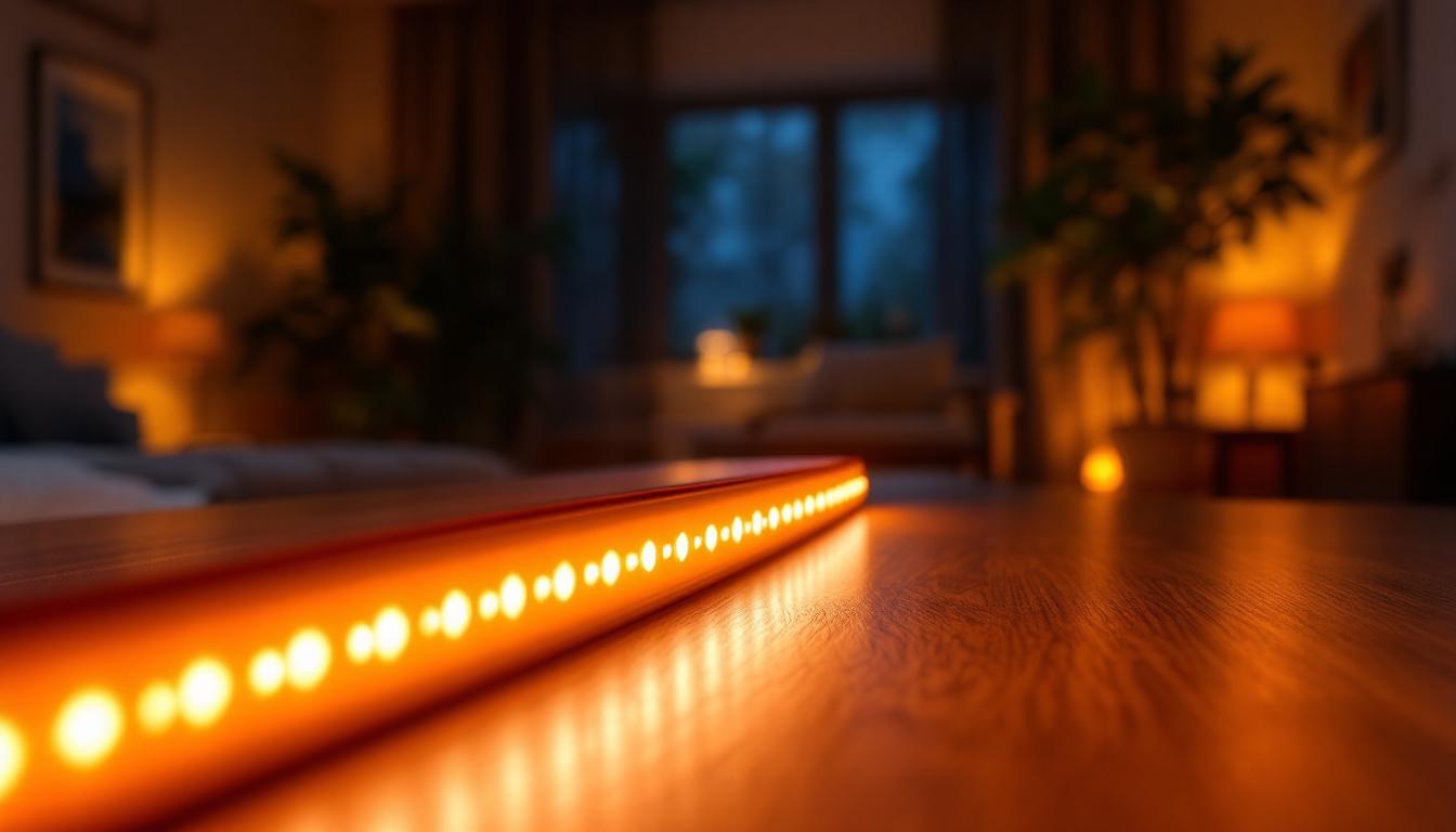 A photograph of a vibrant 10 ft led strip light installed in a stylish home setting