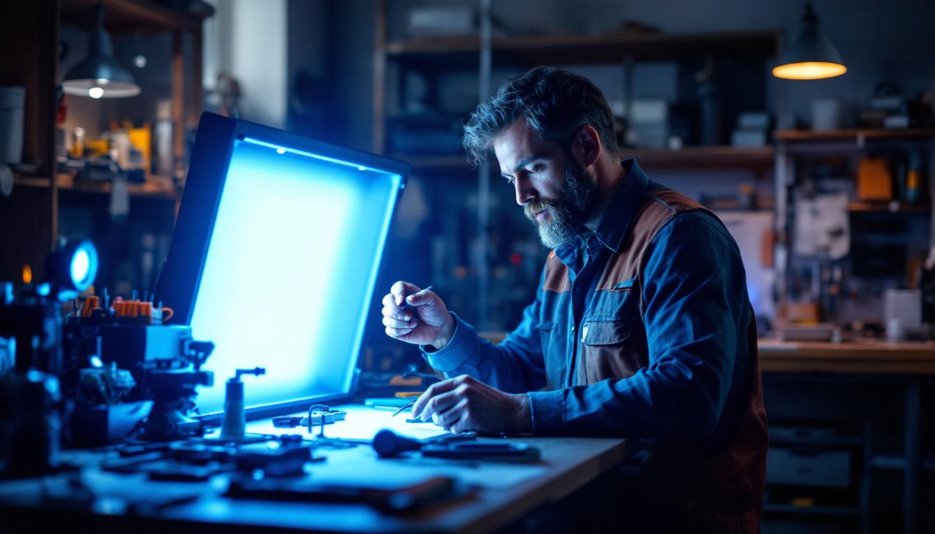 A photograph of a well-lit workspace featuring an electrical engineer examining various uv light options