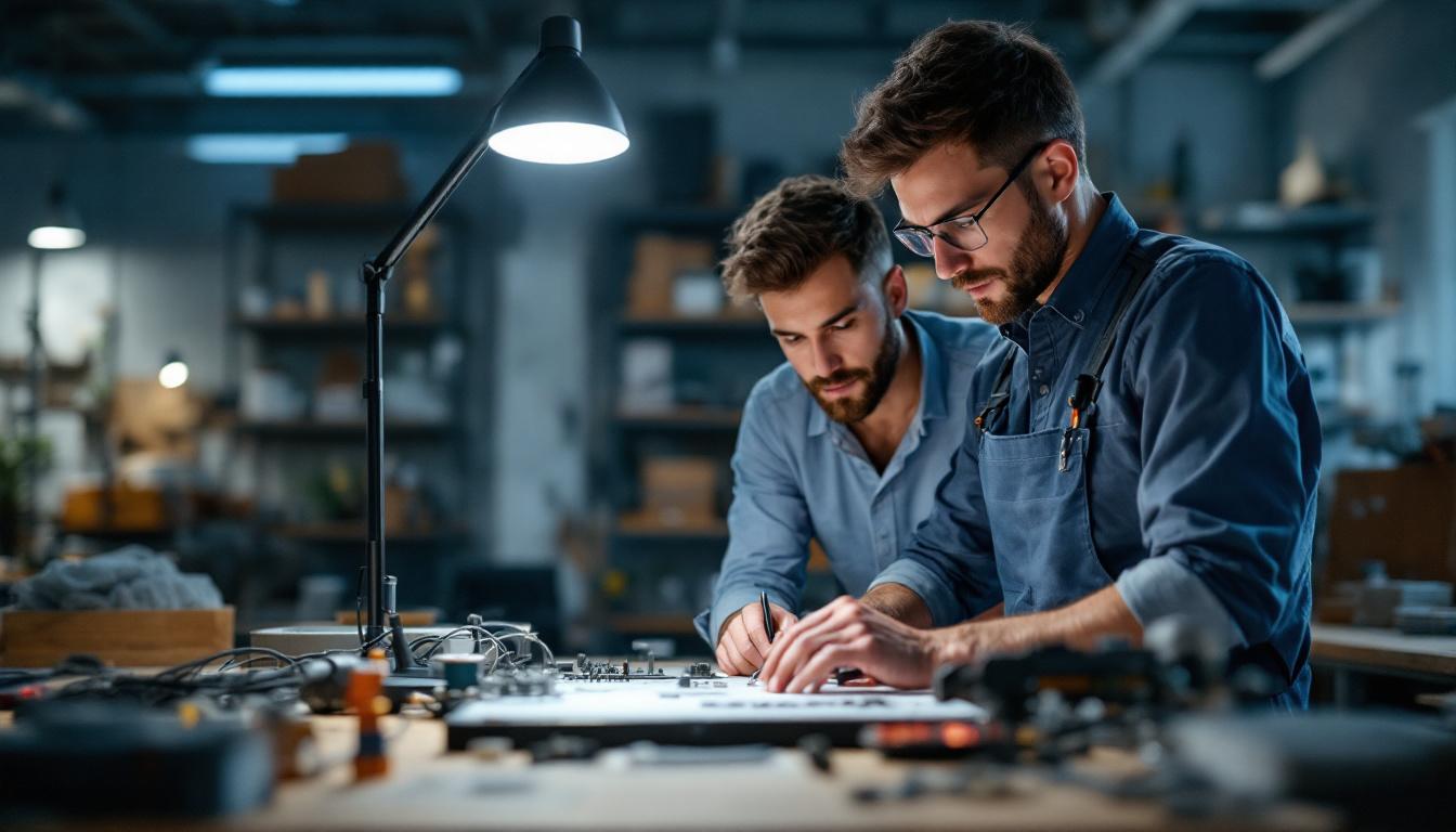 A photograph of a modern workshop setting featuring the 48 shop light in use