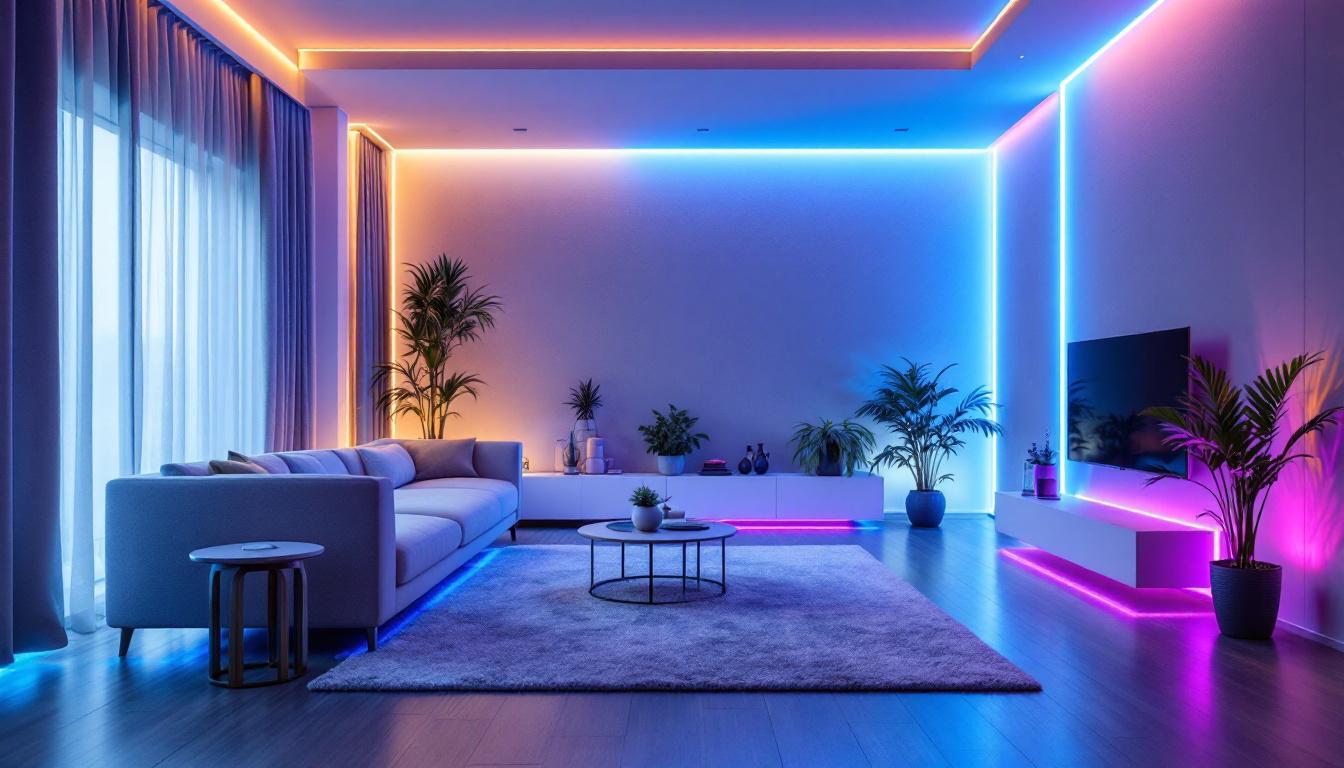 A photograph of capture a photograph of a beautifully lit room featuring custom led strip lights integrated into various design elements