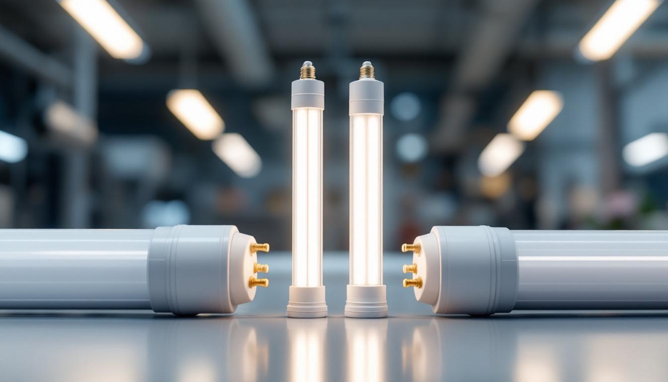 A photograph of a side-by-side comparison of t8 and t12 fluorescent tubes