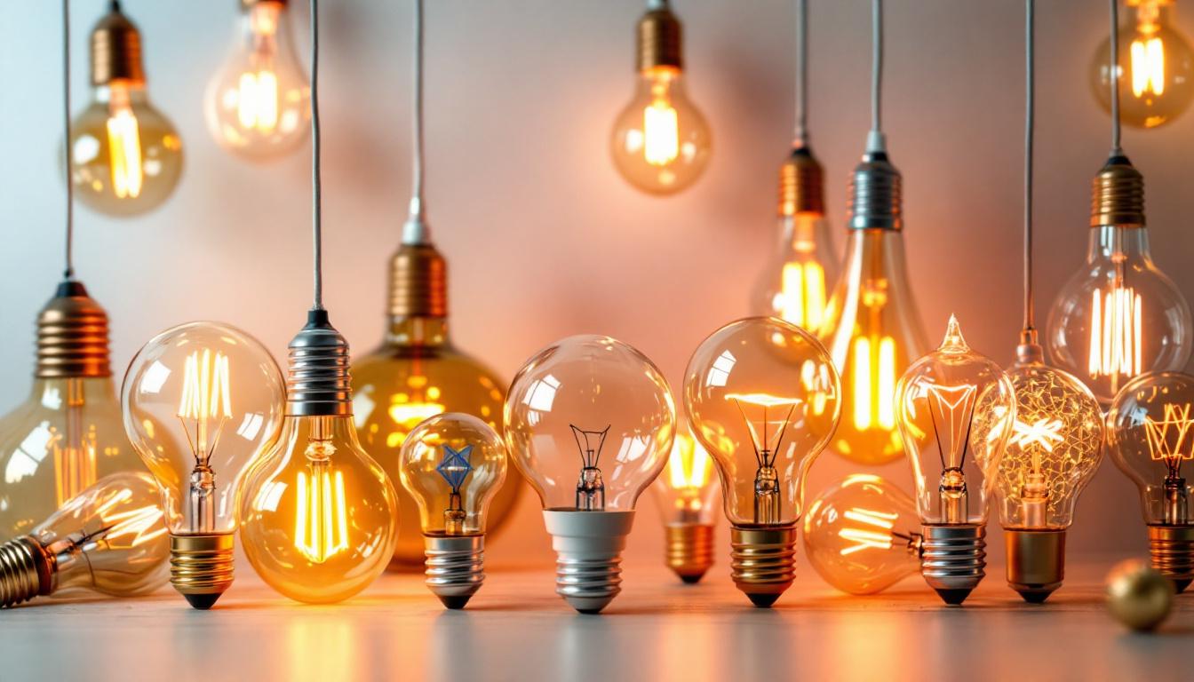 A photograph of a beautifully arranged display of large decorative light bulbs in various styles and colors