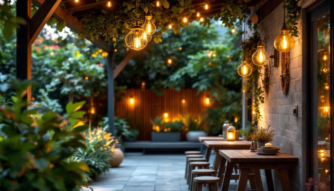 A photograph of a beautifully designed outdoor space featuring innovative hanging electrical installations