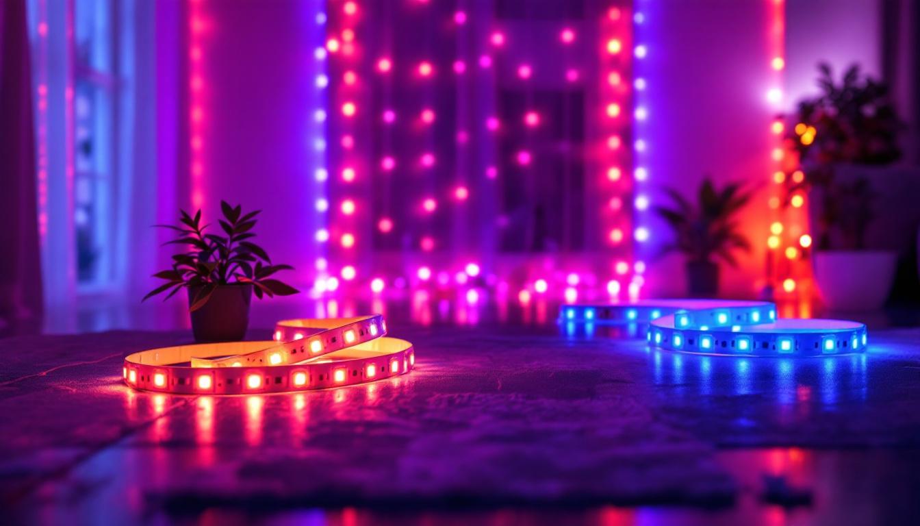 A photograph of a beautifully arranged display of vibrant led strip lights in a modern home setting