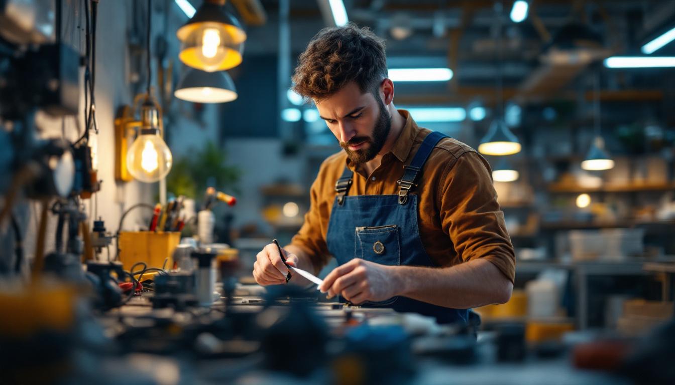 A photograph of a skilled electrician using a fiberglass fish tape repair kit in a well-lit