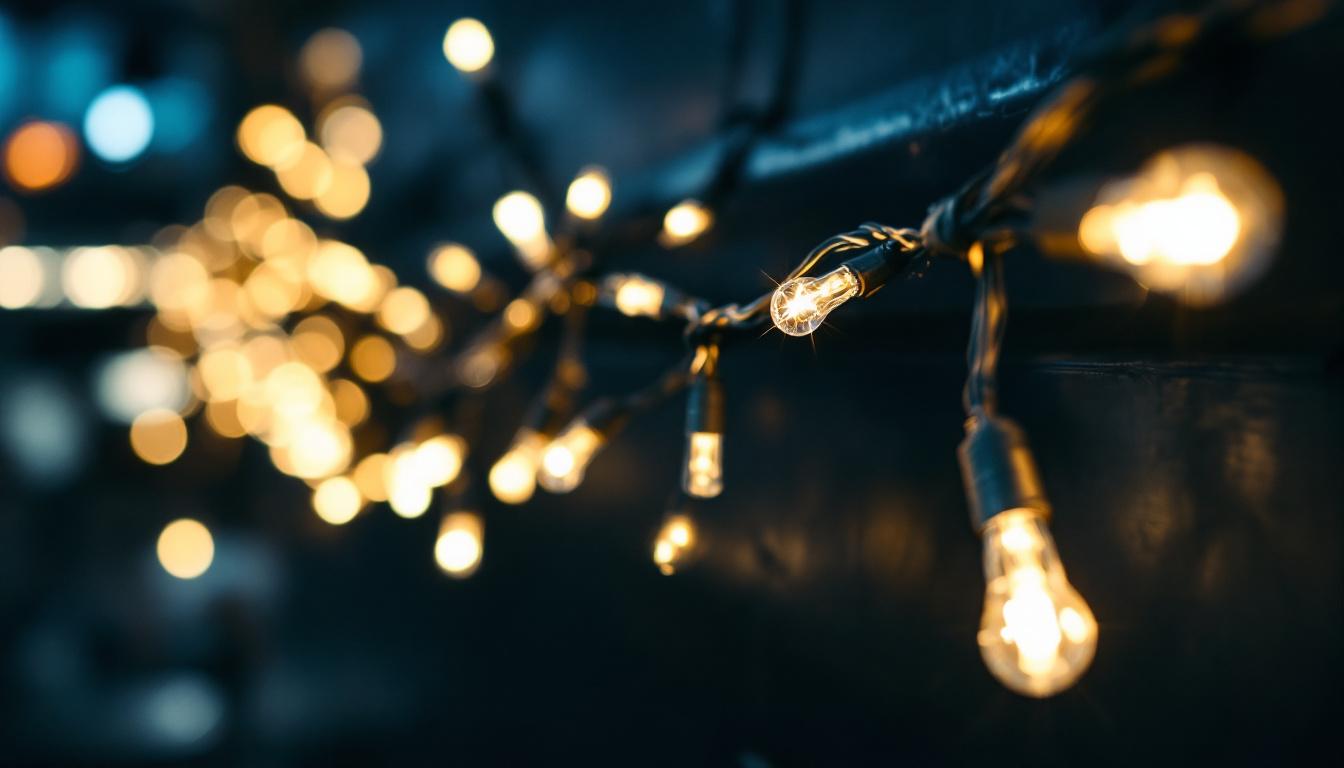 A photograph of a close-up shot of elegantly arranged led string lights in a dimly lit environment