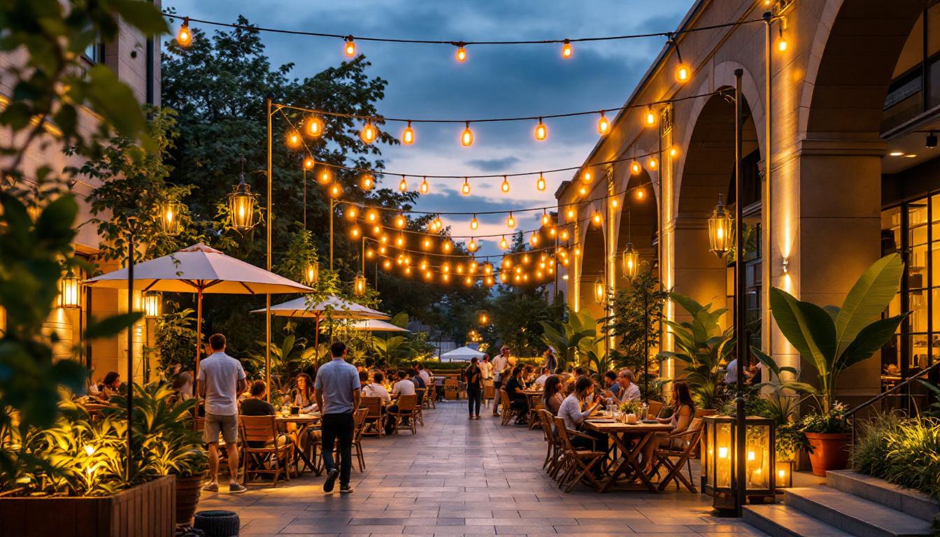 A photograph of capture a photograph of an outdoor setting featuring tall lighting fixtures that illuminate the area softly