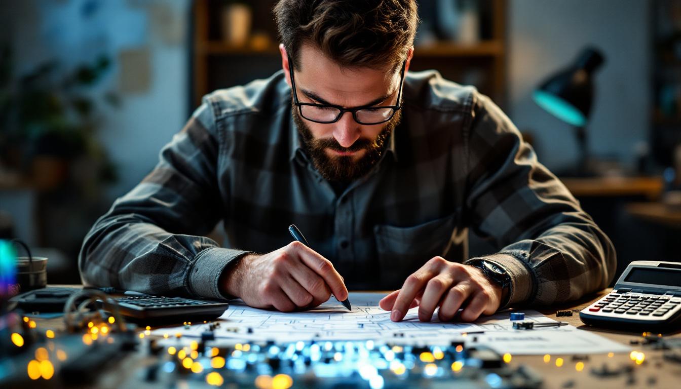 A photograph of a focused electrical engineer working intently at a desk surrounded by blueprints