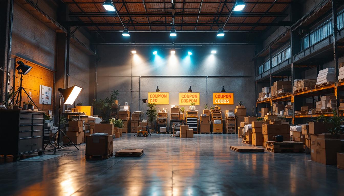 A photograph of a well-lit warehouse interior showcasing various lighting setups