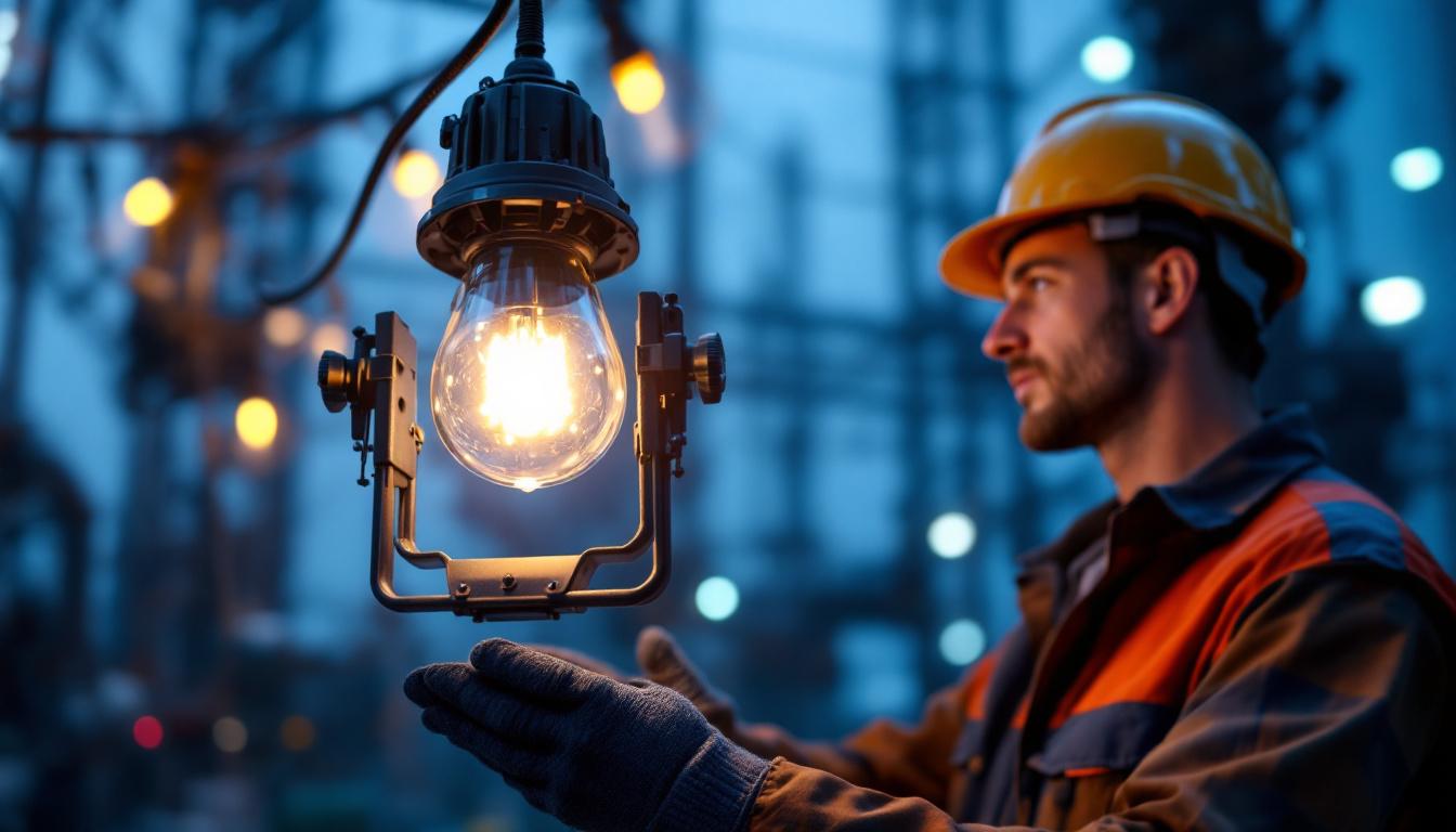 A photograph of a high-intensity discharge (hid) lamp illuminating an industrial or outdoor setting