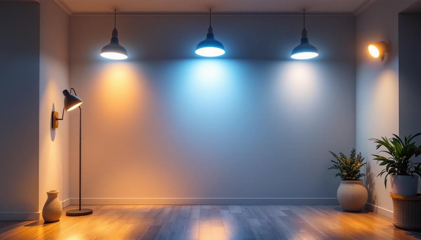 A photograph of a well-lit interior space showcasing a variety of lighting fixtures