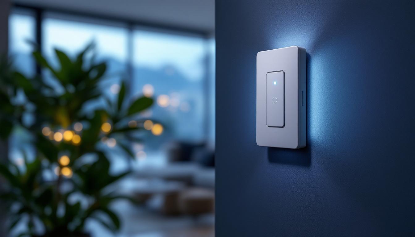 A photograph of a close-up shot of a motion sensing switch installed in a modern home setting