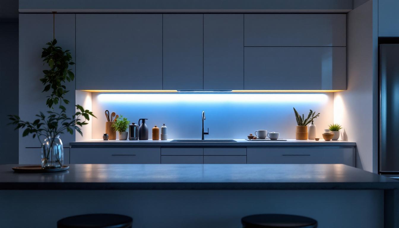 A photograph of a modern kitchen featuring stylish under cabinet led lighting that highlights the workspace