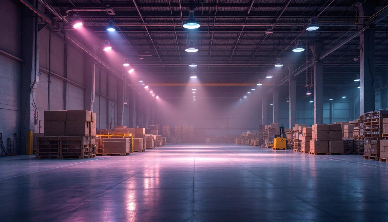 A photograph of a well-lit warehouse interior showcasing various lighting fixtures in use
