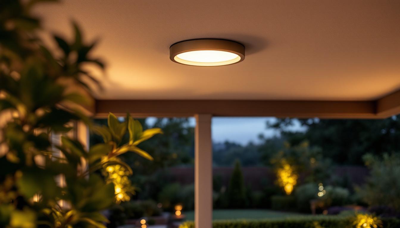 A photograph of a stylish outdoor recessed ceiling light fixture installed in a beautifully landscaped patio or porch setting