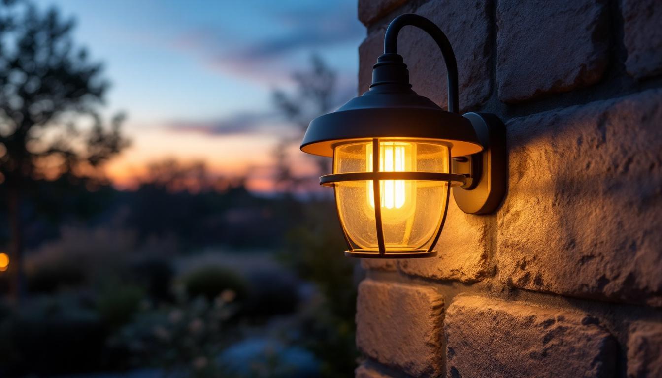 A photograph of a beautifully designed yardlight illuminating a serene outdoor space at dusk