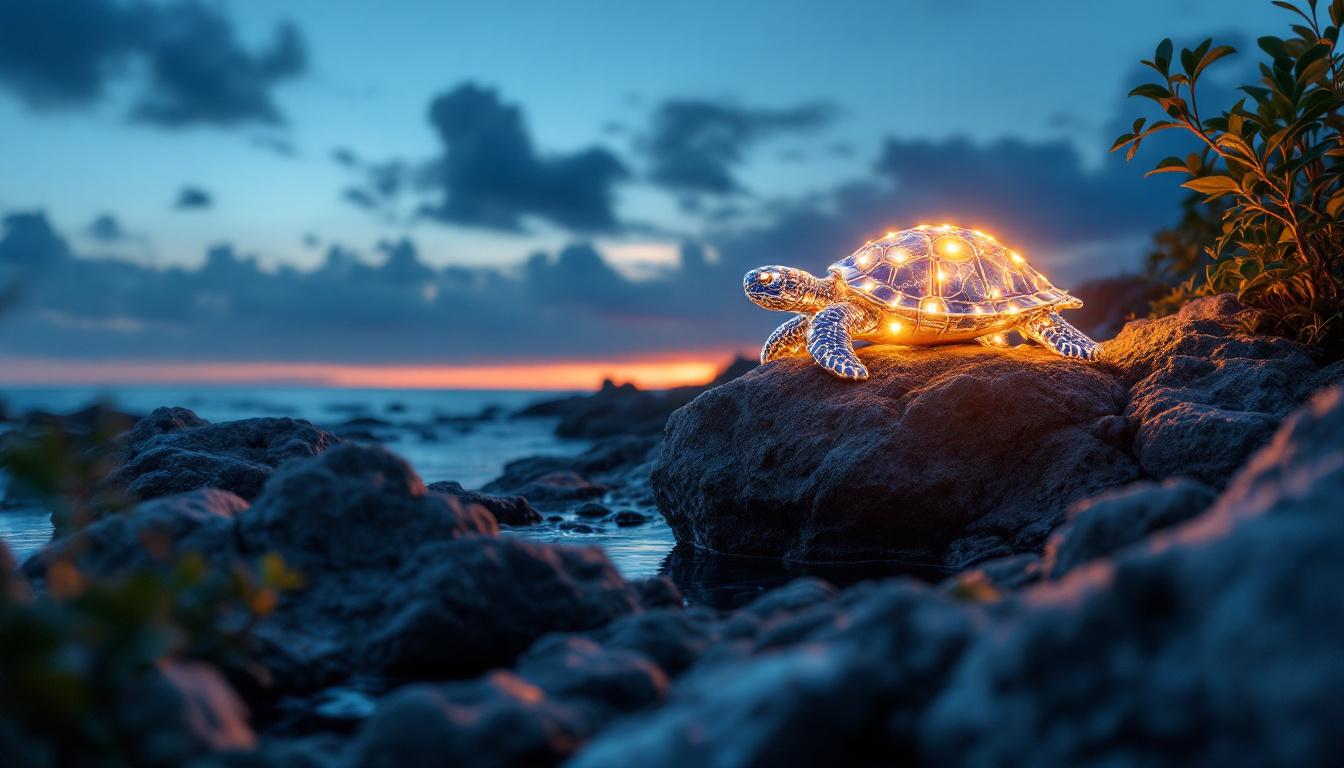 A photograph of a serene coastal scene at dusk