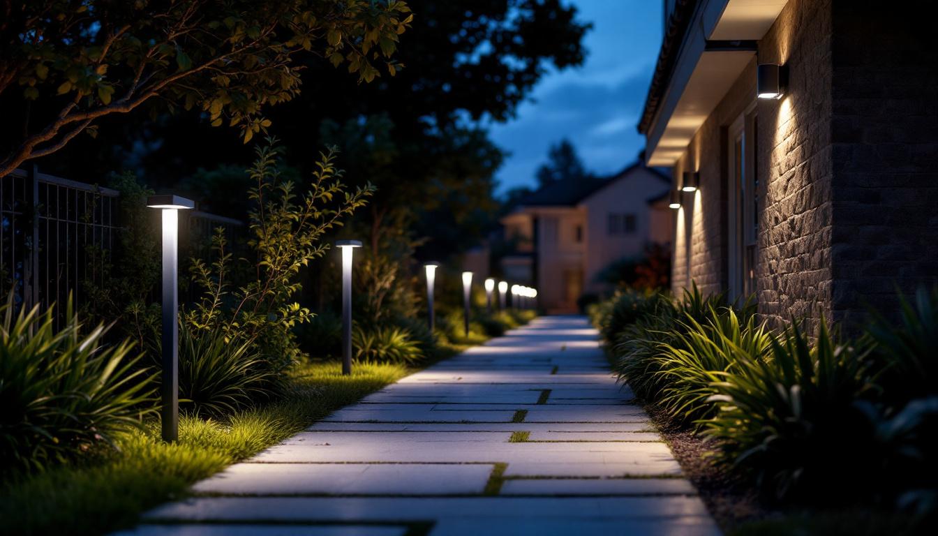 A photograph of a well-lit outdoor area featuring motion sensor security lights in action