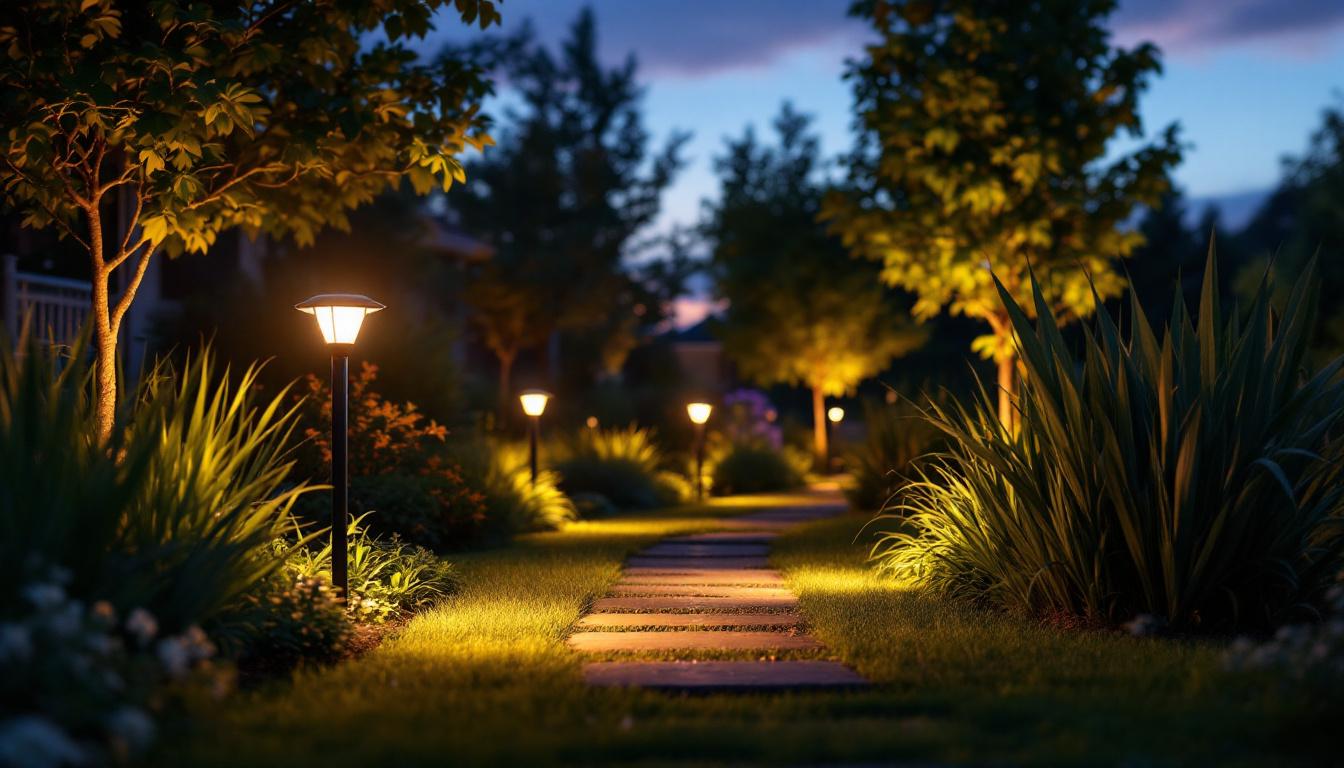 A photograph of a beautifully illuminated garden pathway at dusk