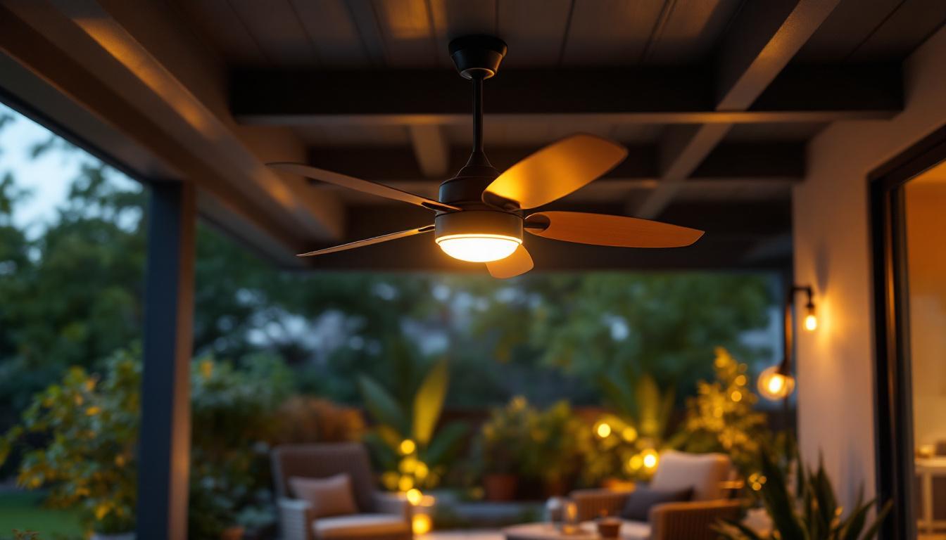 A photograph of a stylish outdoor ceiling fan installed in a cozy patio setting