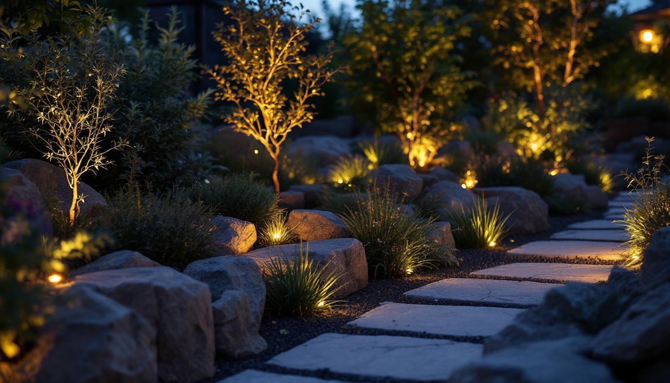 A photograph of a beautifully designed landscape lighting installation that showcases innovative and artistic lighting techniques in an outdoor setting