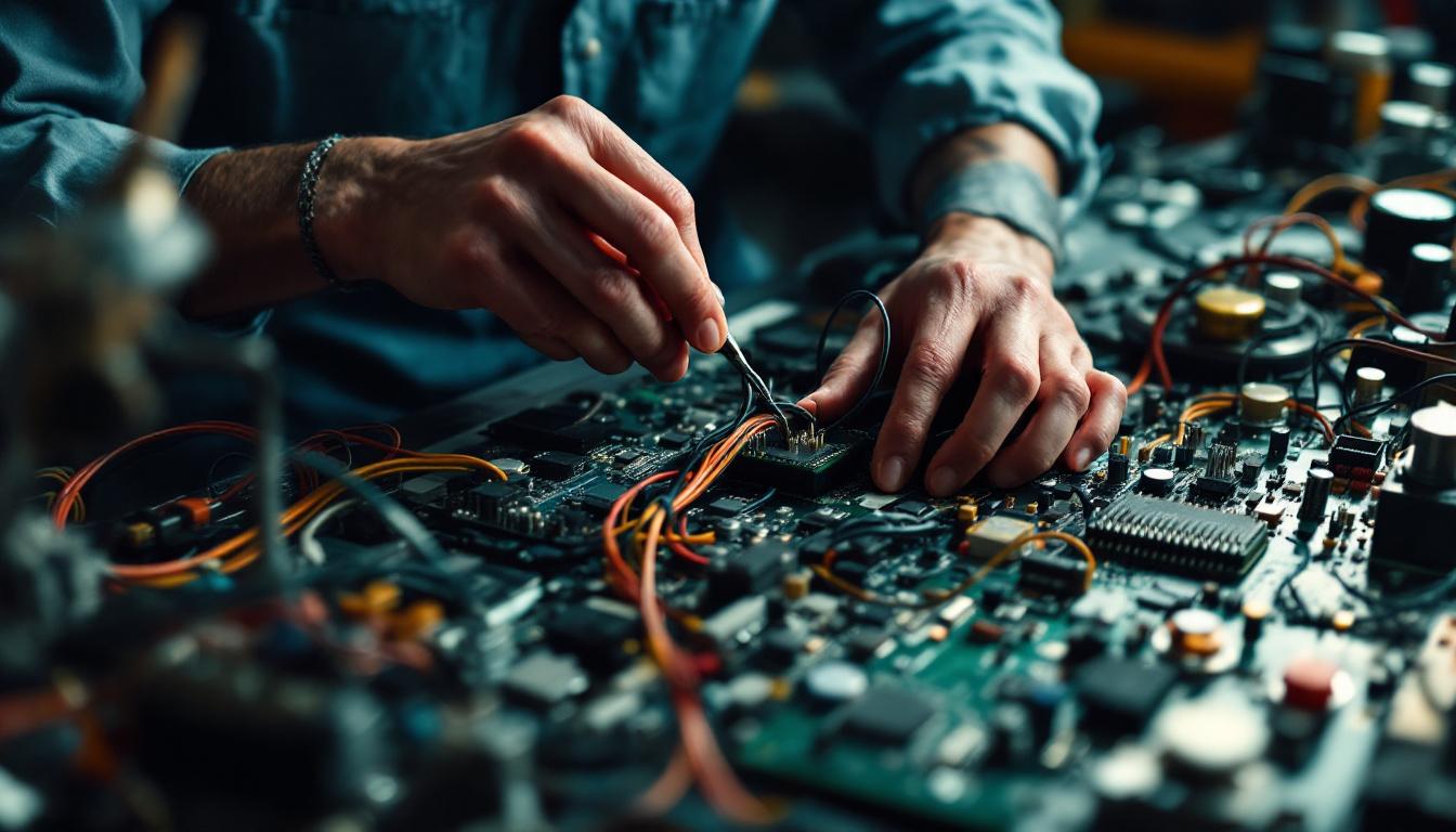 A photograph of an electrical engineer working on a complex circuit board