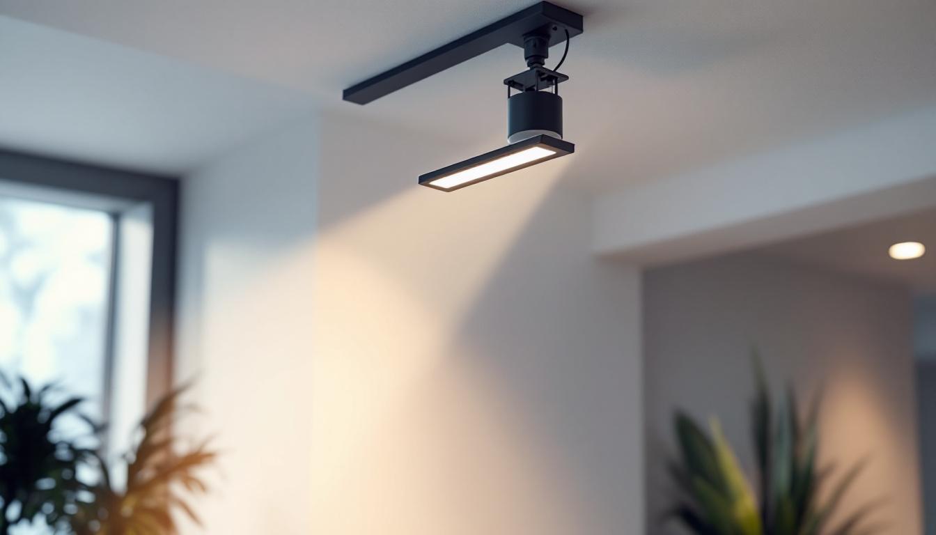 A photograph of a sleek indoor flood light fixture installed in a modern setting
