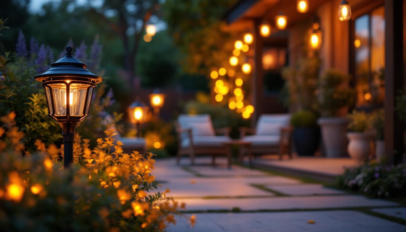 A photograph of a beautifully illuminated outdoor space showcasing various styles of solar accent lighting in a garden or patio setting at dusk