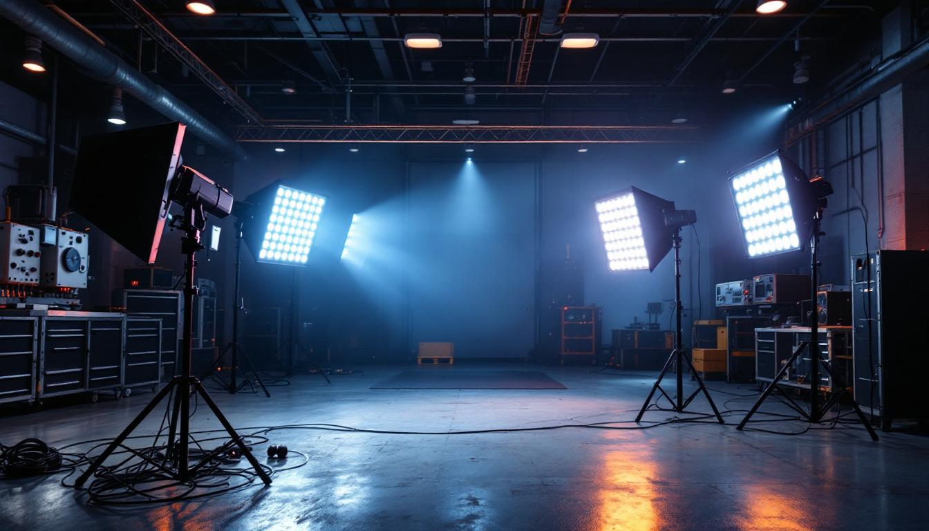 A photograph of a high-powered lighting setup in an industrial or engineering environment