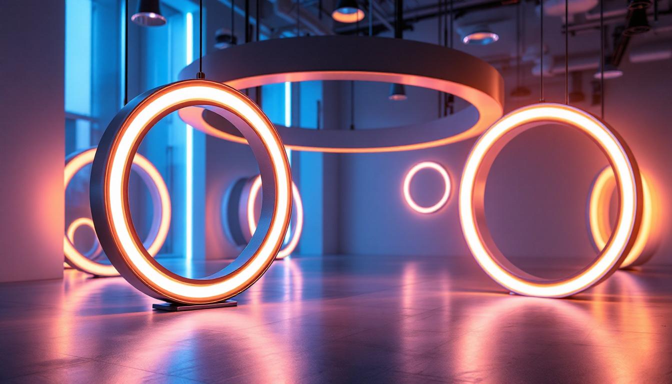 A photograph of a modern lighting installation featuring innovative goof rings