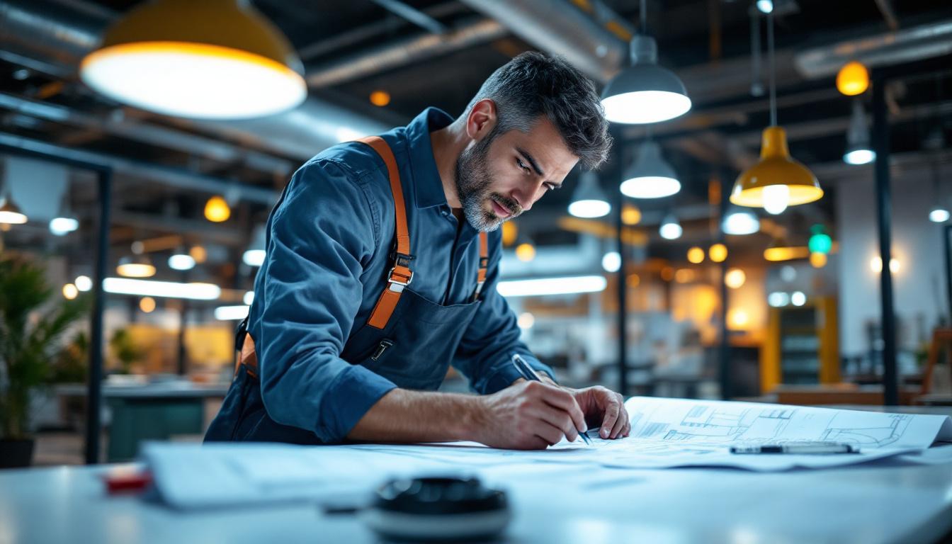 A photograph of a skilled electrical engineer or designer examining a vibrant