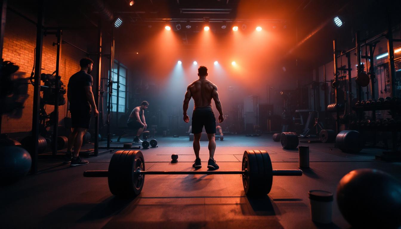 A photograph of a vibrant gym environment showcasing various lighting setups in action