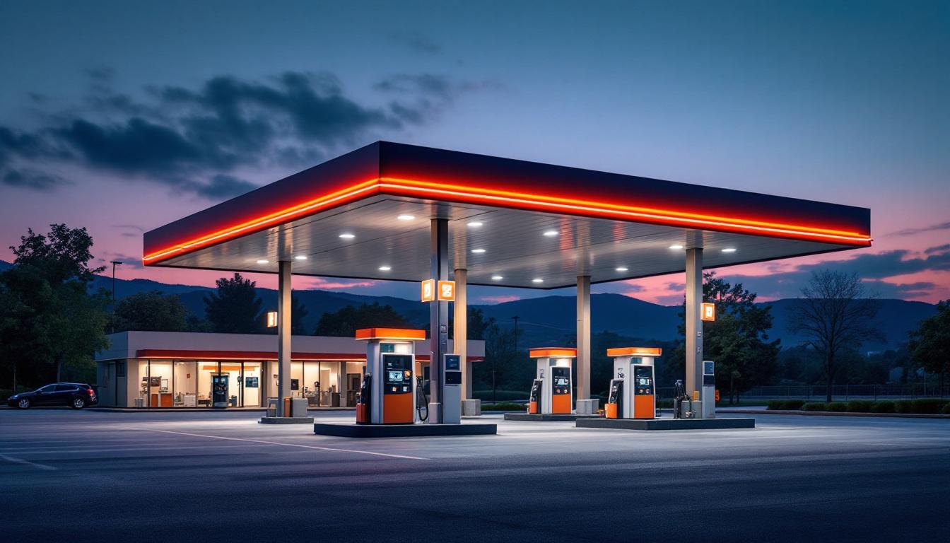 A photograph of a well-lit gas station canopy at dusk