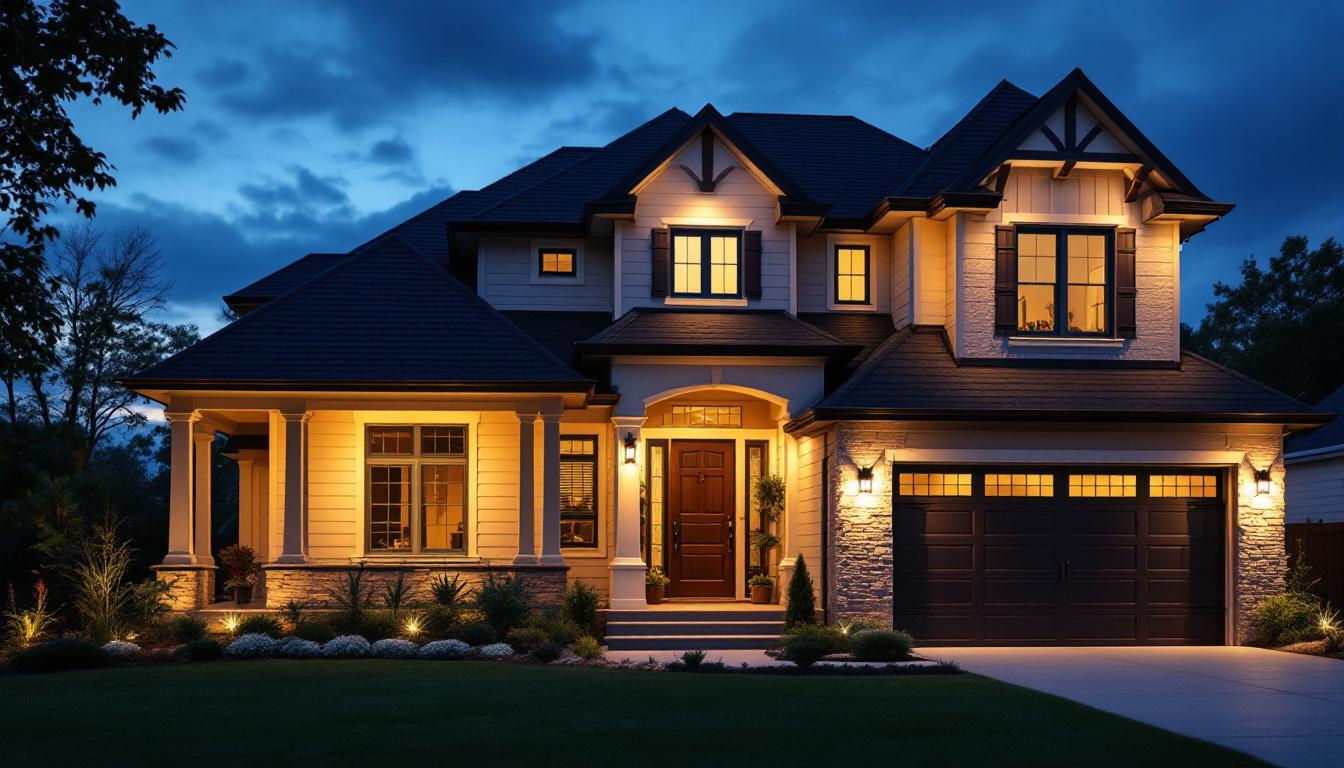 A photograph of a beautifully illuminated exterior of a home at dusk