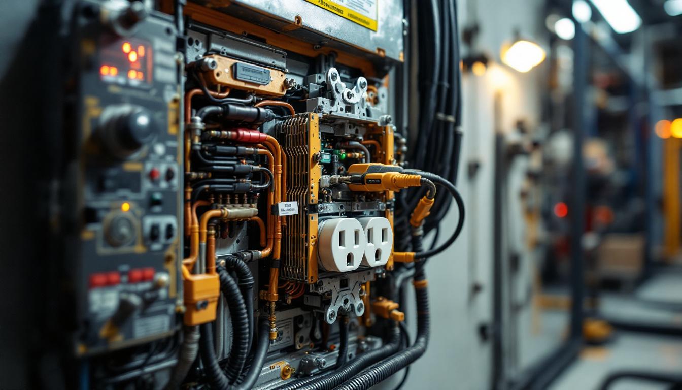 A photograph of a high-voltage electrical outlet in a modern engineering setting