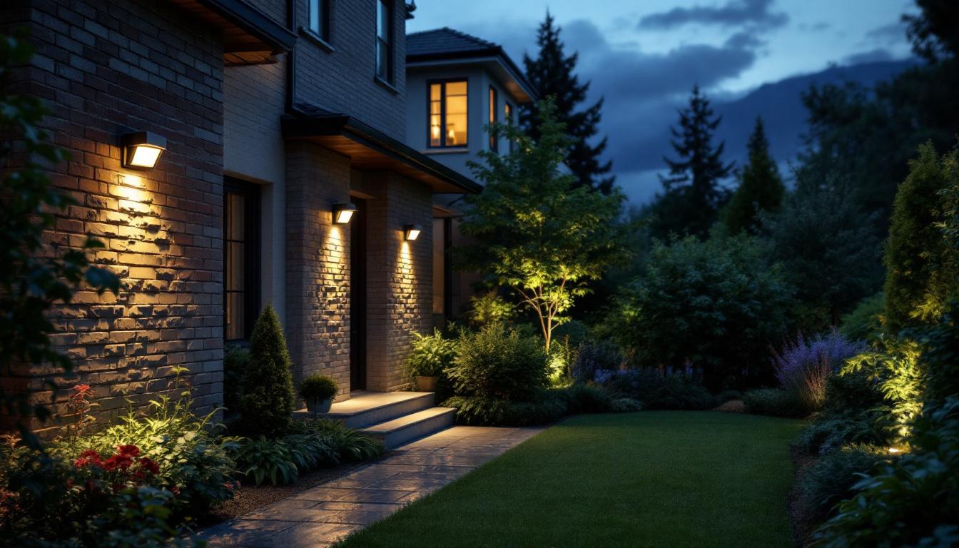 A photograph of a well-lit outdoor space showcasing various styles of security lights installed around a home