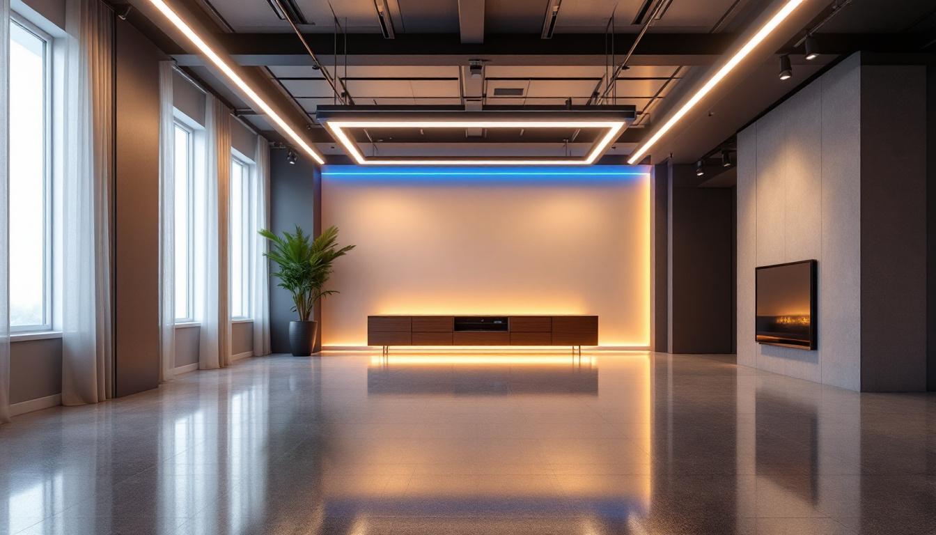 A photograph of a spacious room with elegant led lights installed around the ceiling