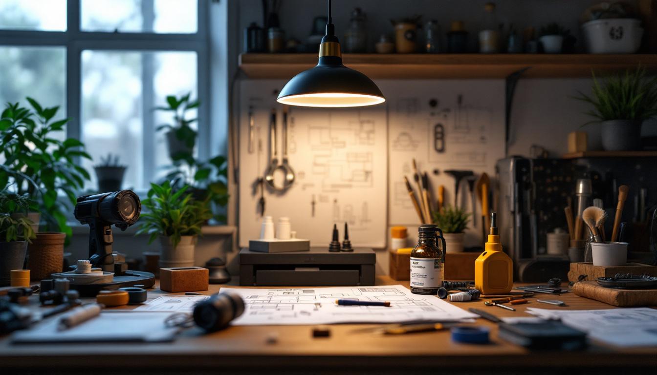 A photograph of a well-lit workspace featuring a sleek led hanging shop light illuminating a workbench