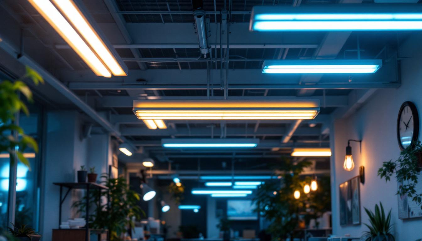 A photograph of a well-lit indoor space showcasing various fluorescent lighting fixtures in use