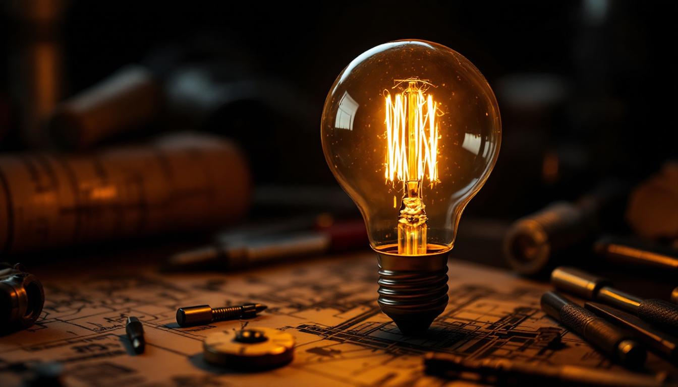 A photograph of a vintage lightbulb glowing warmly in a darkened setting