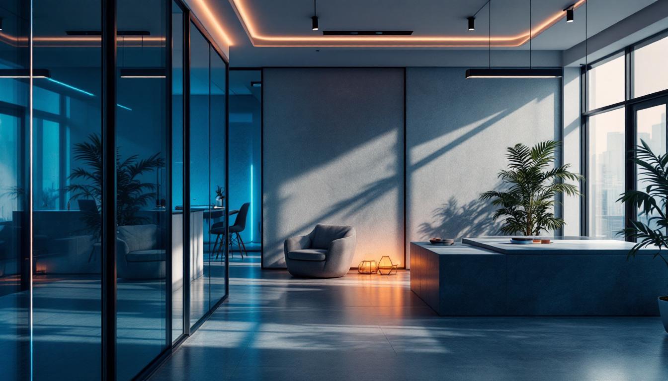 A photograph of a modern indoor space featuring uv light fixtures in action