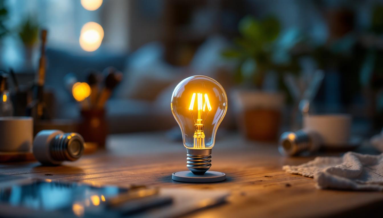 A photograph of a type b 40 watt bulb illuminated in a cozy