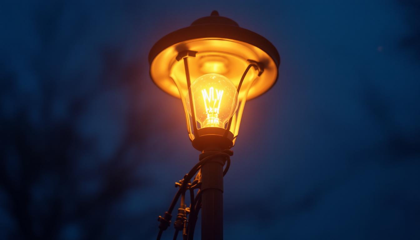 A photograph of a beautifully illuminated outdoor light post with a globe fixture